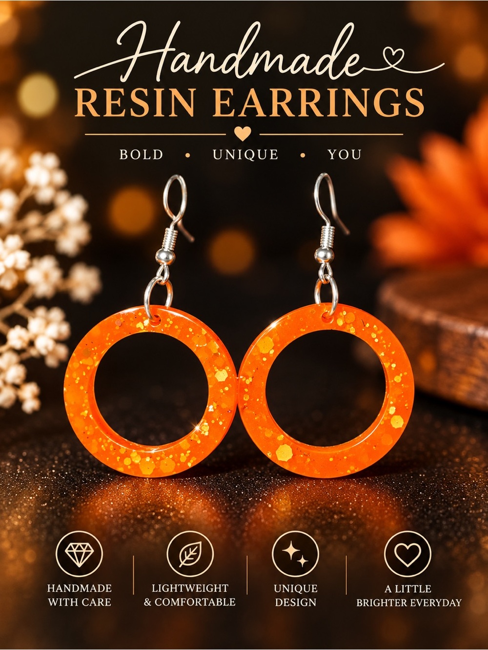 Handmade Neon Orange Glitter Resin Retro Circle Hoop Earrings